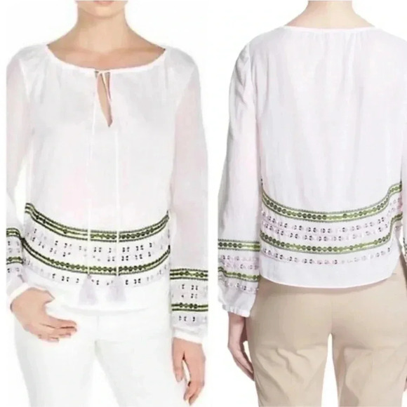 Tory Burch Madeline Sequin Peasant Blouse 100% Cotton Size 6 - Picture 2 of 13